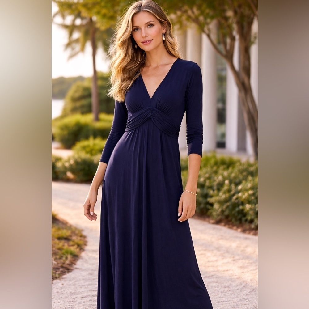 Boden Navy Blue Long Sleeve Empire Ruched Waist Maxi Jersey Dress V-Neck